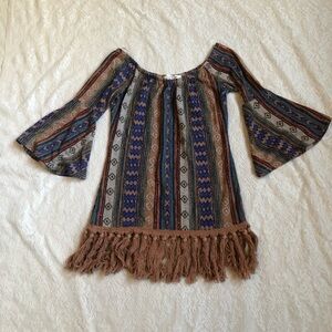 VaVa by Joy Han Aztec fringe bell sleeve top